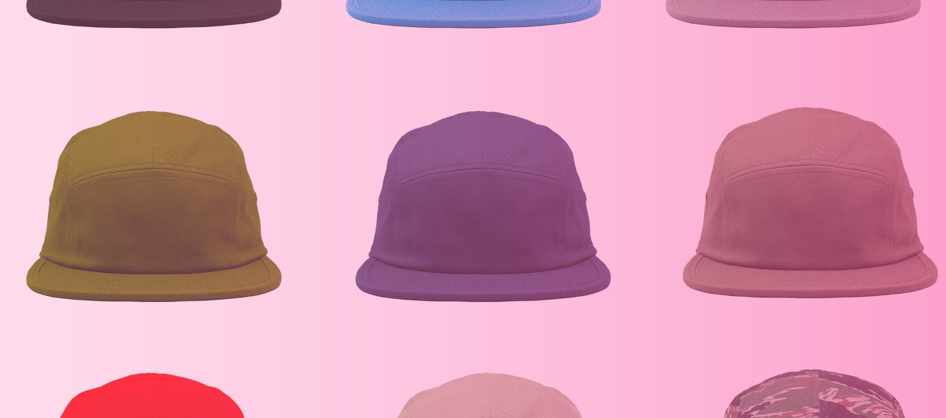 Assorted collection of stylish 5 panel hats displayed for fashion and versatility