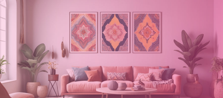 Bohemian and Eclectic Art - Vibrant Wall Art Display in a Cozy Living Room with Plants and Decorative Elements