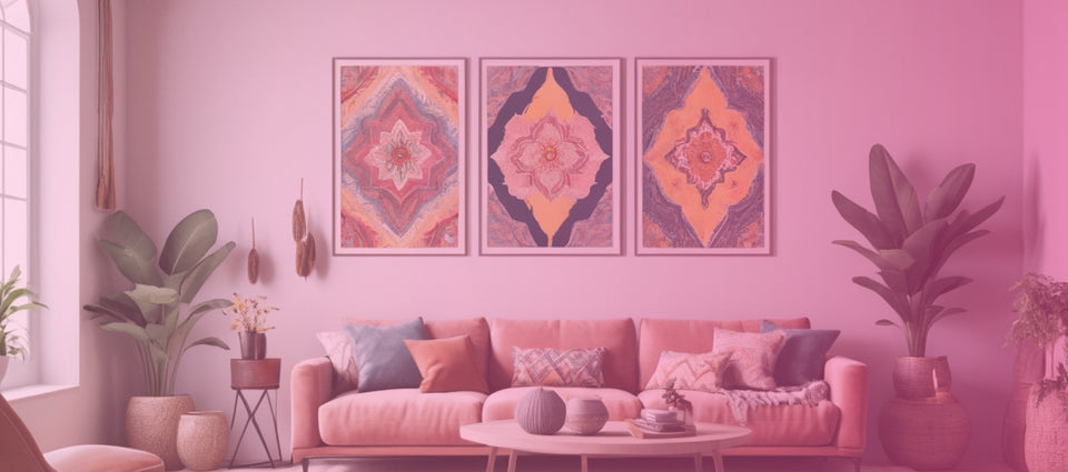 Bohemian and Eclectic Art - Vibrant Wall Art Display in a Cozy Living Room with Plants and Decorative Elements