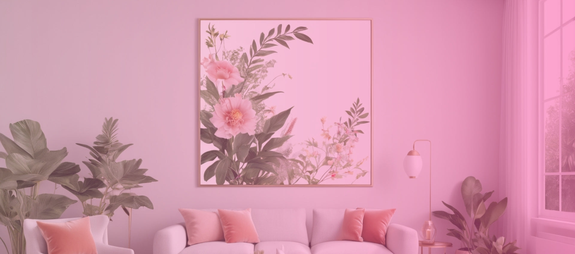 Elegant Botanical and Floral Art - Nature-Inspired Decor in a Stylish Living Room with Pink and Green Accents