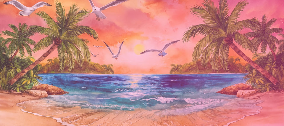 Coastal and Tropical Wall Art - Vibrant Beach Scene with Palm Trees and Seagulls at Sunset