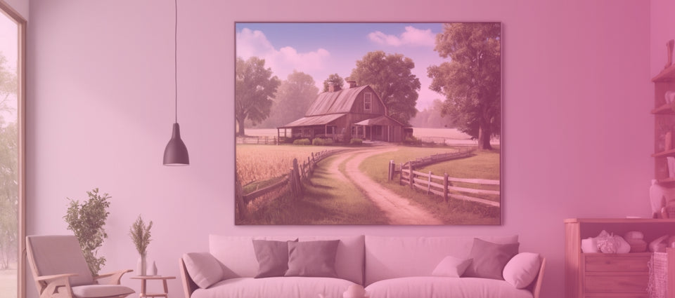 Cozy living room with a large rustic farmhouse art piece, featuring a serene Country & Farmhouse Art barn and pathway, enhancing the warm and inviting atmosphere.