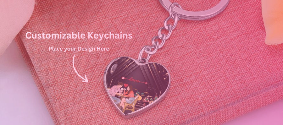 Collection of customizable keychains featuring unique and personalized designs including engraved metal, photo keychains, leather, acrylic