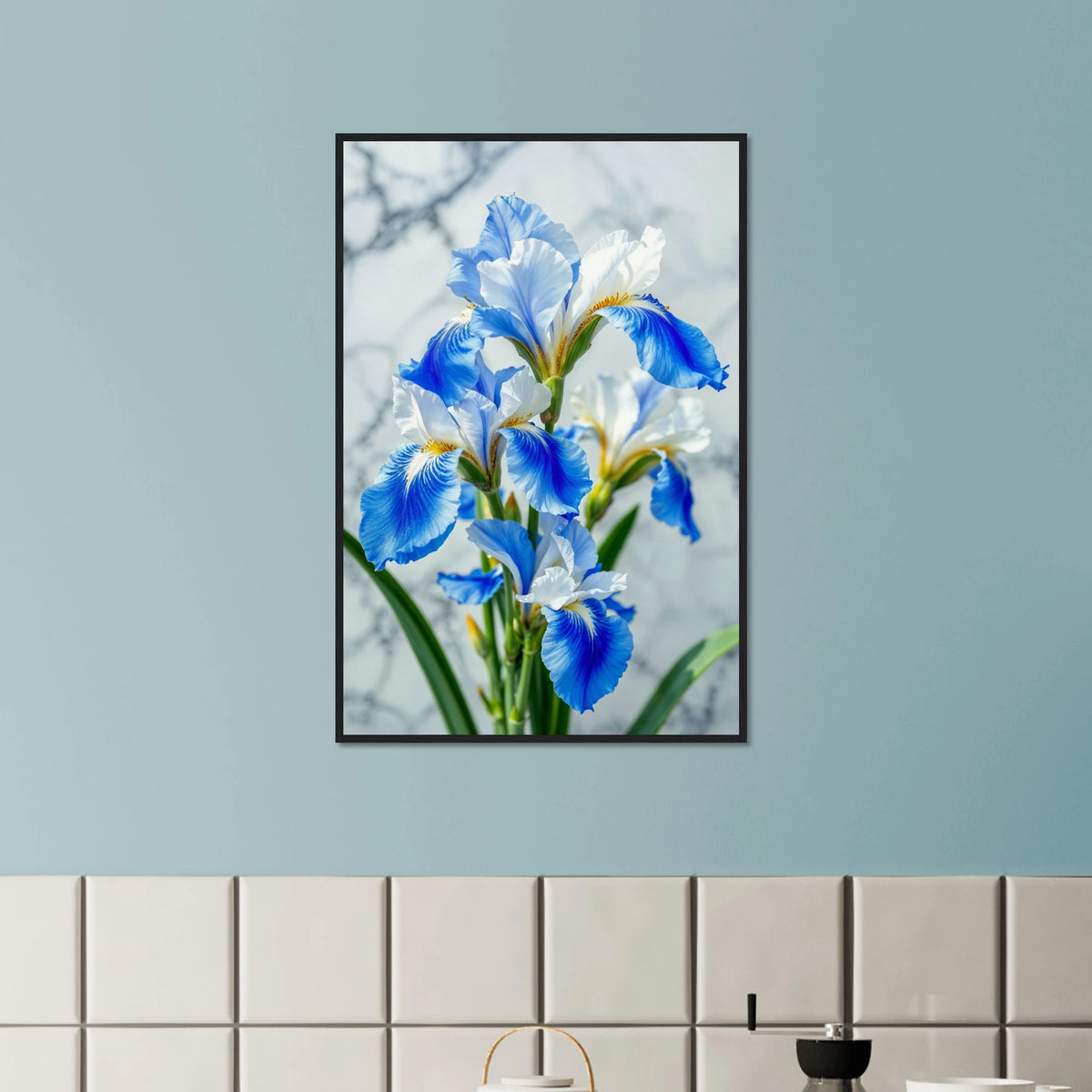 Blue Iris Wooden Poster – A Gift for Flower Lovers - Black frame - Wooden Framed Posters
