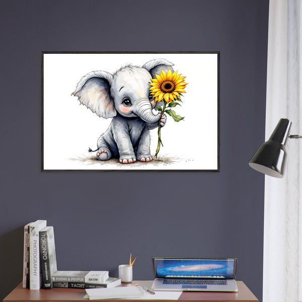 Baby Elephant Blooms - Whimsical Nature Decor - Black frame - Framed Posters