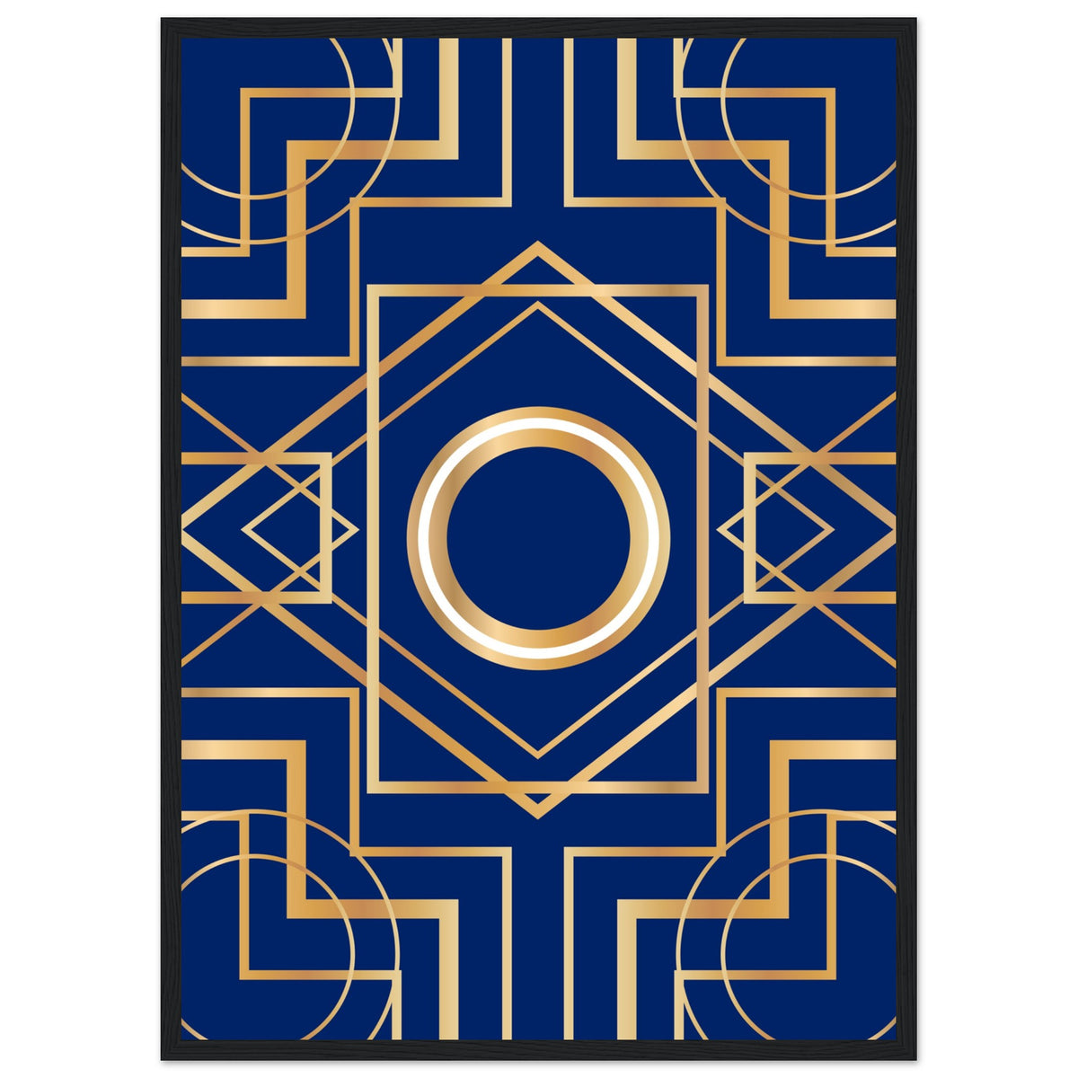 Art Deco Elegance - Blue & Gold Geometric Framed Print - 50x70 cm 20x28″ Black frame - Wooden Framed Posters