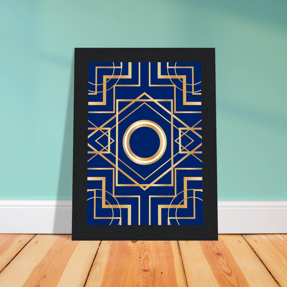 Art Deco Elegance - Blue & Gold Geometric Framed Print - - Wooden Framed Posters