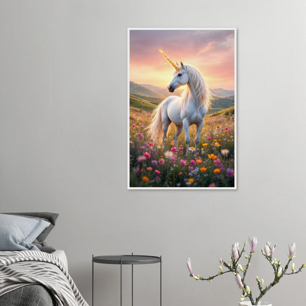 Golden Horn - Unicorn in Wildflowers Framed Poster - 60x90 cm 24x36″ White frame - Wooden Framed Posters