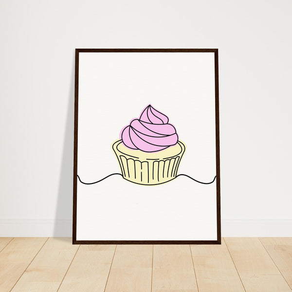 Cupcake Delight - Minimalist Pink Frosting Art - 45x60 cm 18x24″ Dark wood frame - Wooden Framed Posters