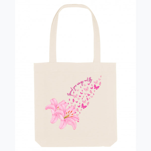 Pink Lilies and Butterflies Tote - Natural - Tote Bags