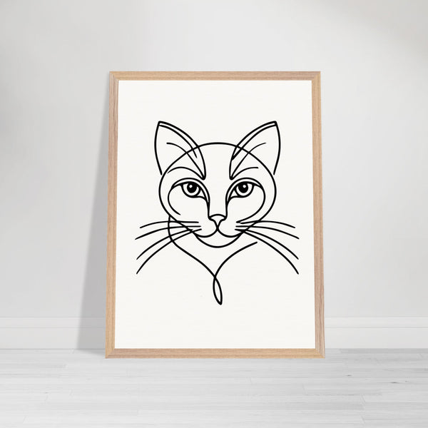 Timeless Cat Line Art - Natural Wood Framed Elegance - 45x60 cm 18x24″ Wood frame - Wooden Framed Posters