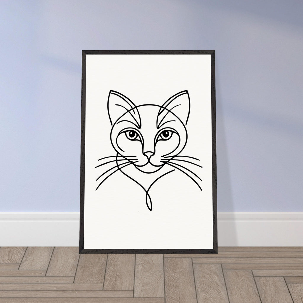 Timeless Cat Line Art - Natural Wood Framed Elegance - - Wooden Framed Posters