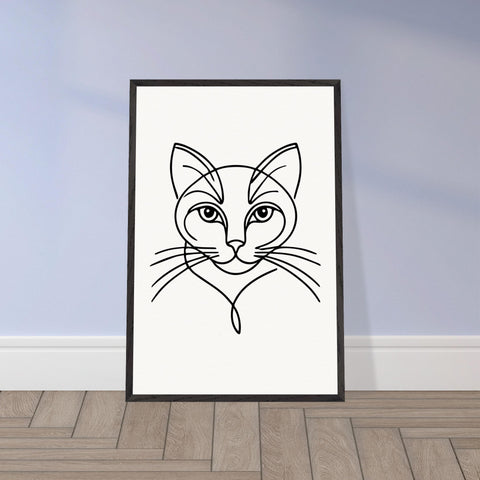 Image of Timeless Cat Line Art - Natural Wood Framed Elegance