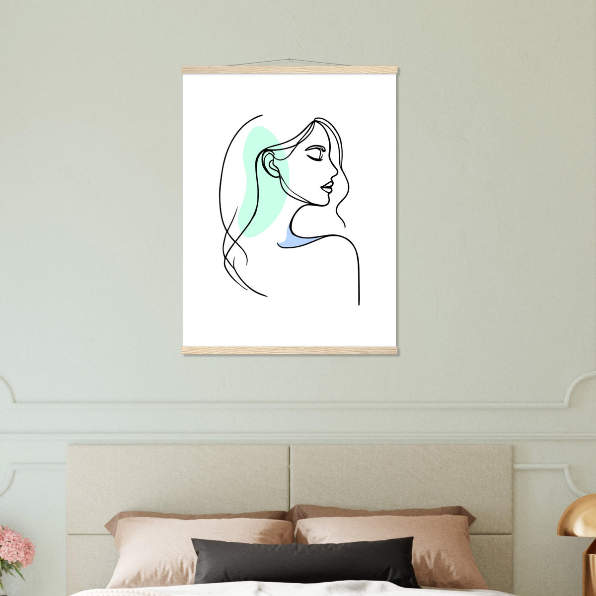 Elegance in Line - Minimalist Female Profile Art with Wooden Hangers - 60x80 cm 24x32″ Natural wood wall hanger - Posters With Hanger