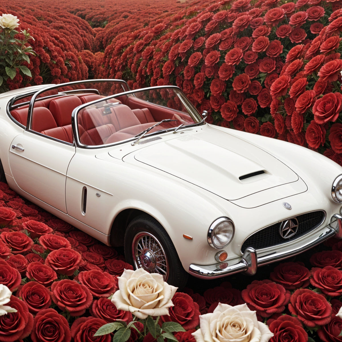 Classic Car in Crimson Roses - - Framed Posters