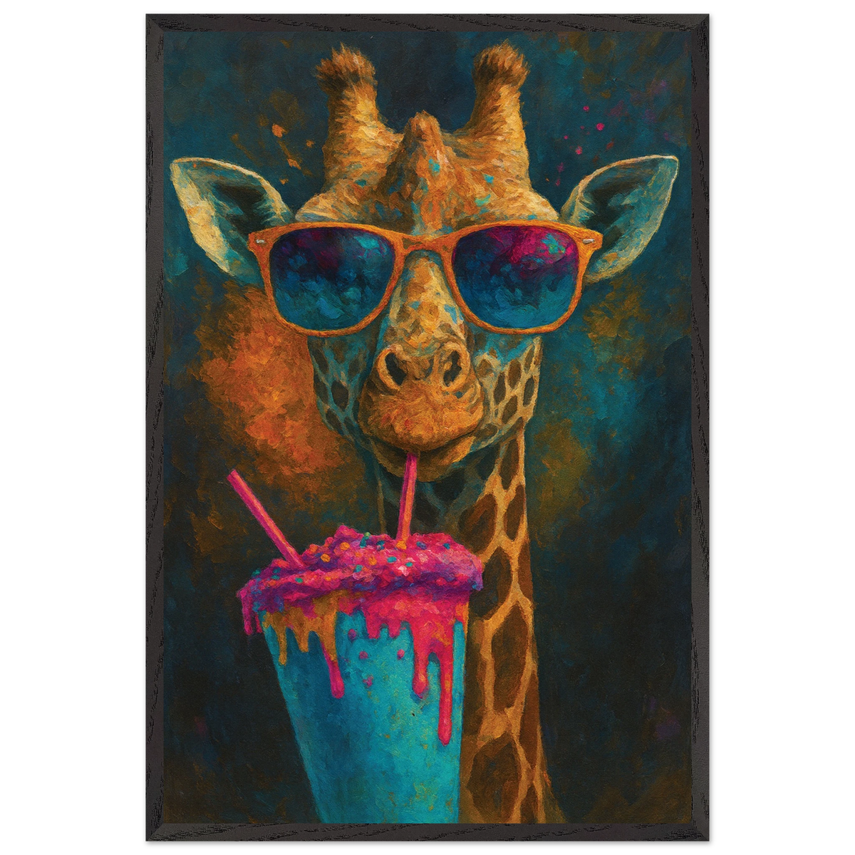 Trendy Giraffe Art – Colorful Wooden Frame Gift - Black frame - Wooden Framed Posters