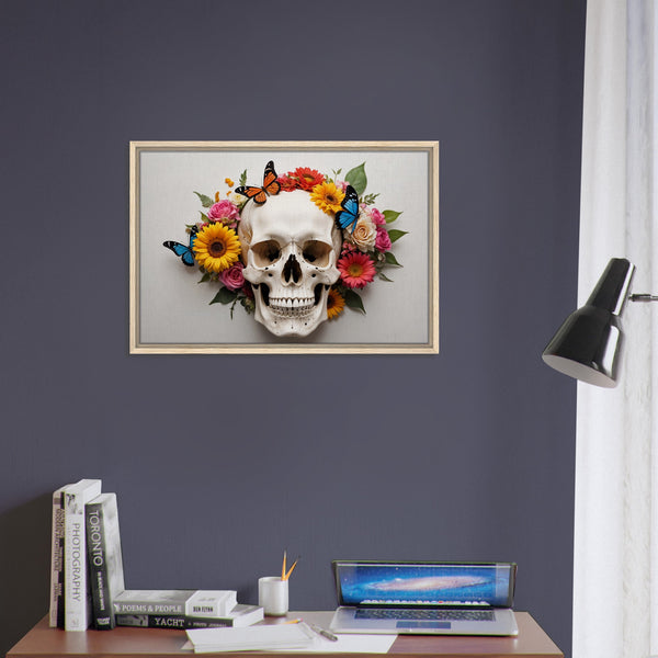 Life and Death - Skull with Vibrant Flowers and Butterflies - - Framed Canvas