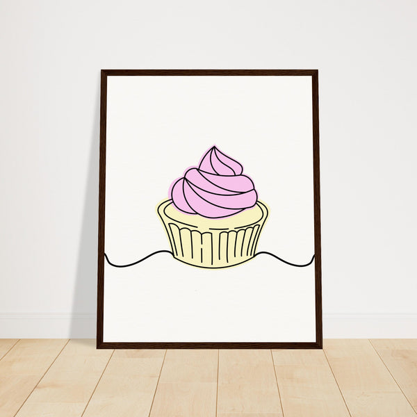 Cupcake Delight - Minimalist Pink Frosting Art - 40x50 cm 16x20″ Dark wood frame - Wooden Framed Posters