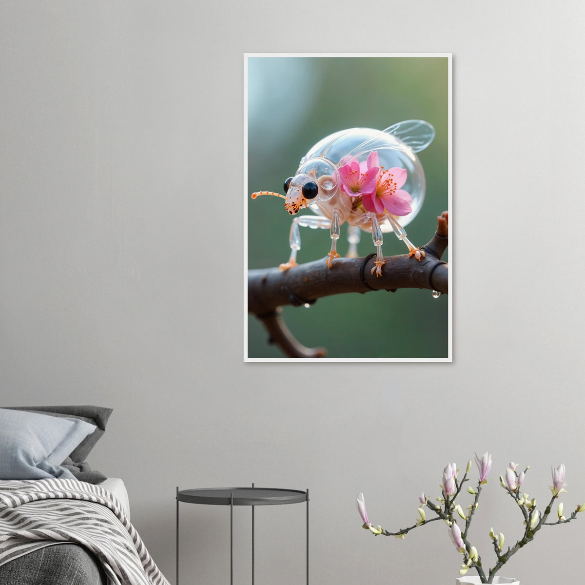 Glass Ladybug - Floral Whimsy Framed Poster - 60x90 cm 24x36″ White frame - Wooden Framed Posters