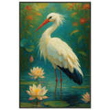 Metal Framed Poster – Elegant Stork in Lotus Pond - - Metal Framed Posters