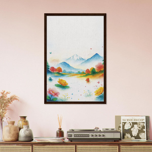 Tranquil Moments – Watercolor Mountain Framed Canvas - Dark wood frame - Canvas