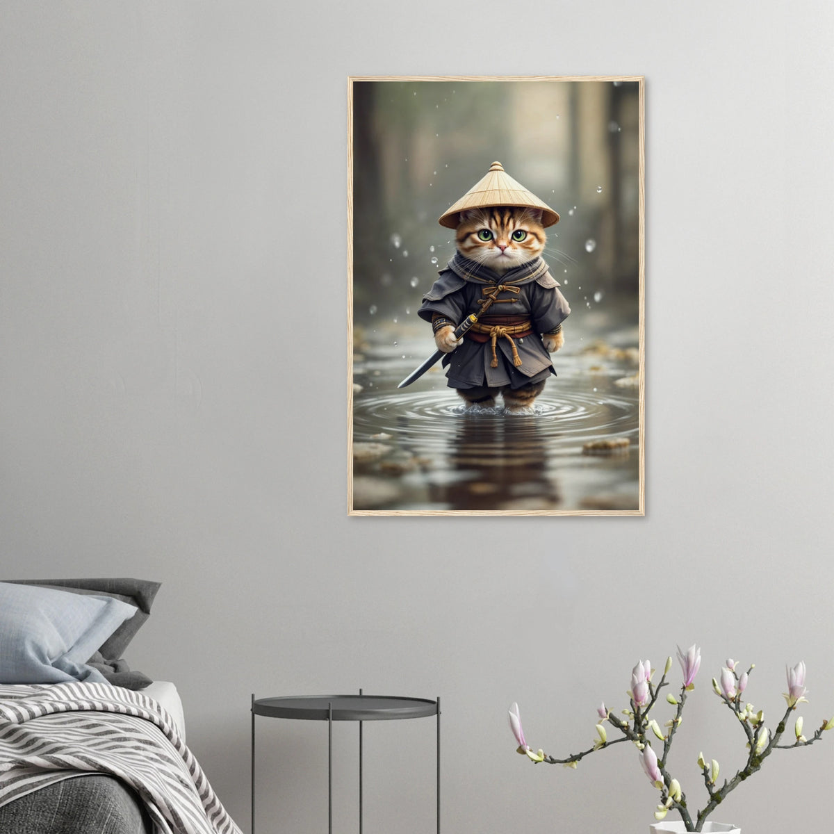 Samurai Kitty - Zen Warrior Framed Art - 60x90 cm 24x36″ Wood frame - Wooden Framed Posters