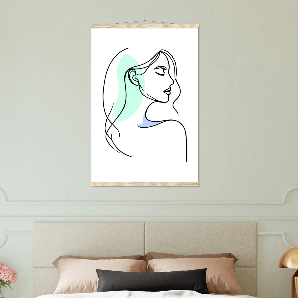 Elegance in Line - Minimalist Female Profile Art with Wooden Hangers - 60x90 cm 24x36″ Natural wood wall hanger - Posters With Hanger