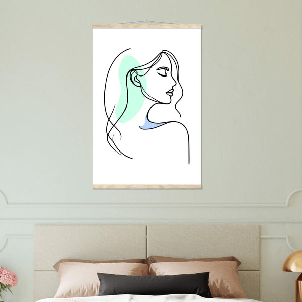 Elegance in Line - Minimalist Female Profile Art with Wooden Hangers - 60x90 cm 24x36″ Natural wood wall hanger - Posters With Hanger