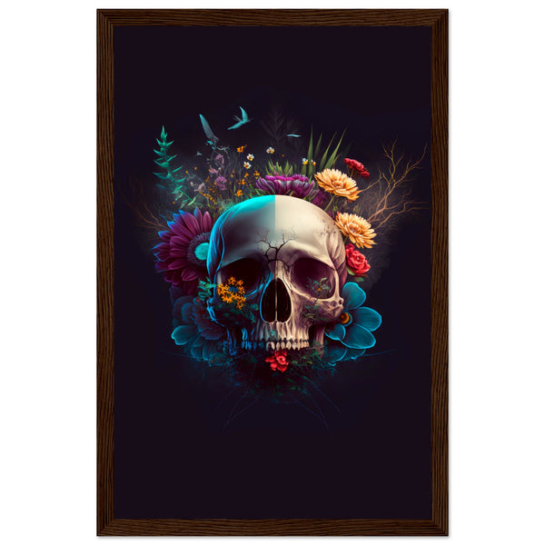 Nature’s Duality - Vibrant Flowers and Skull - 28x43 cm XL (11x17″) Dark wood frame - Wooden Framed Posters