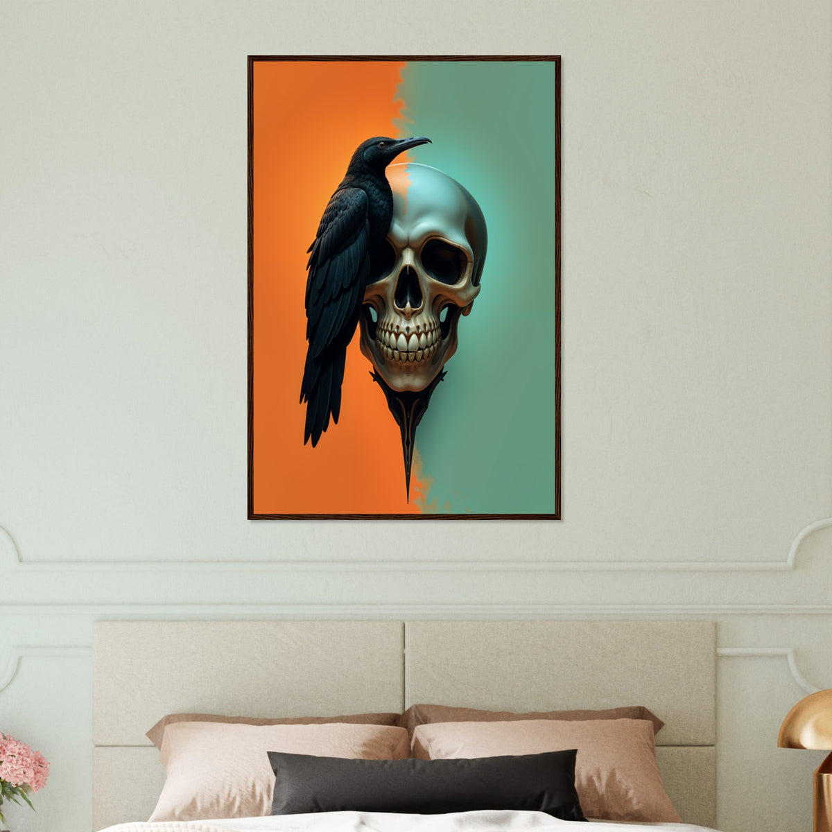 Raven's Requiem - Skull & Crow Framed Print - Dark wood frame 60x90 cm 24x36″ - Wooden Framed Posters