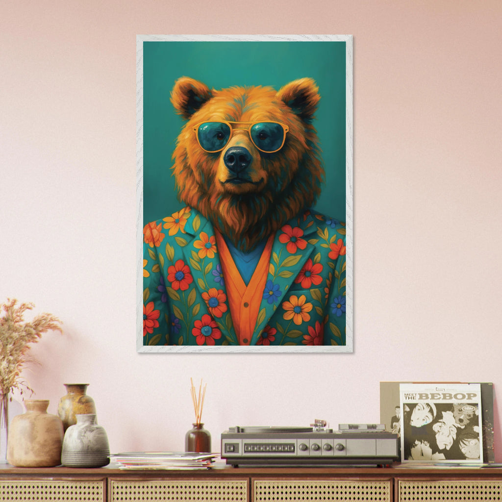 Floral Suit Bear Wall Art – A Gift of Wild Personality - White frame - Wooden Framed Posters