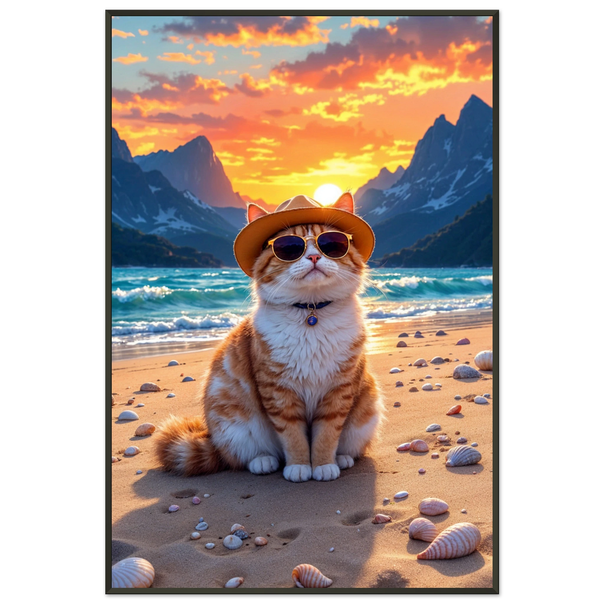 Sunset Serenity - Coastal Cat Framed Poster - - Metal Framed Posters