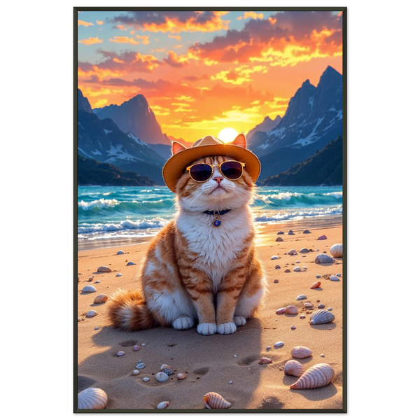 Sunset Serenity - Coastal Cat Framed Poster - - Metal Framed Posters