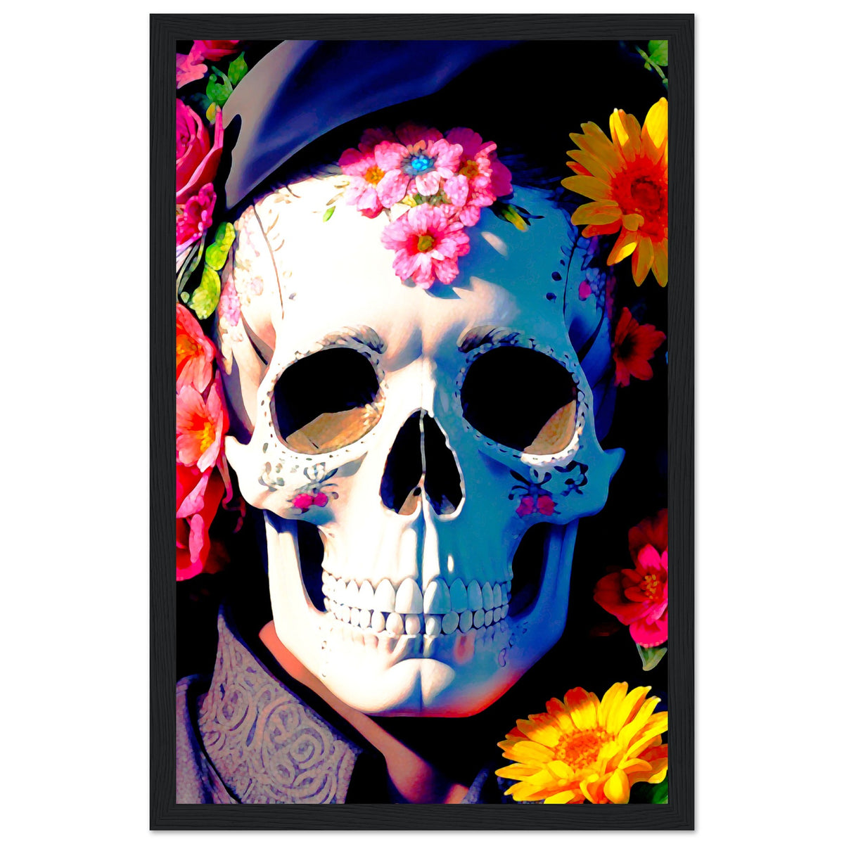 Mystical Bloom - Premium Floral Skull Poster - 28x43 cm XL (11x17″) Black frame - Wooden Framed Posters