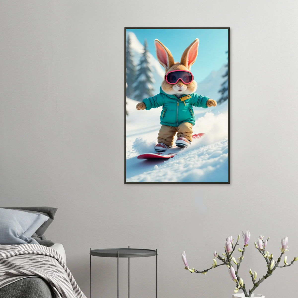 Winter Bunny - Fun Snow Sports Art Print - 60x90 cm 24x36″ - Metal Framed Posters
