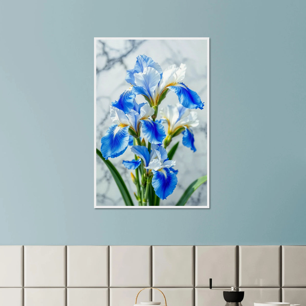 Blue Iris Wooden Poster – A Gift for Flower Lovers - White frame - Wooden Framed Posters