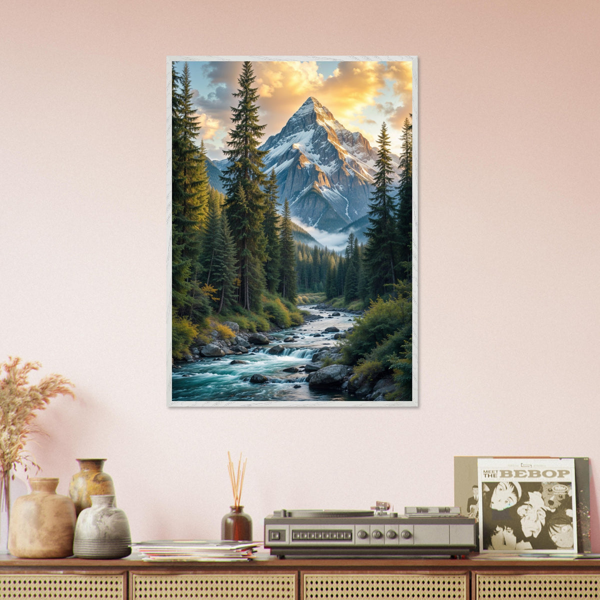 Golden Peaks - Sunrise Over a Flowing River - - Framed Posters