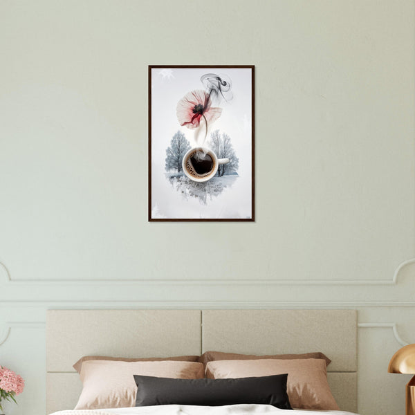 Cozy Awakening - Coffee & Flower Wall Art - Dark wood frame 40x60 cm 16x24″ - Wooden Framed Posters