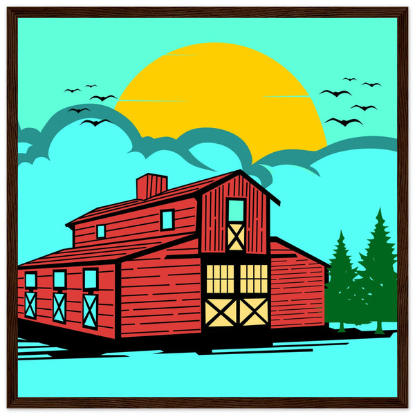 Countryside Sunrise - A Nostalgic Barn Scene - 50x50 cm 20x20″ Dark wood frame - Wooden Framed Posters