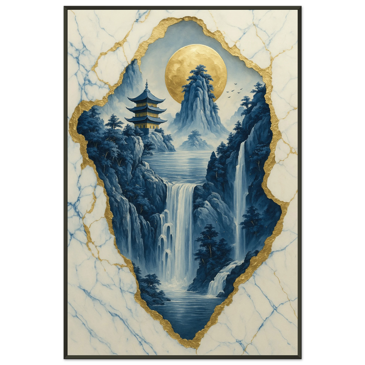 Golden Moonlit Waterfall Scene - Metal Framed Poster Gift - - Metal Framed Posters