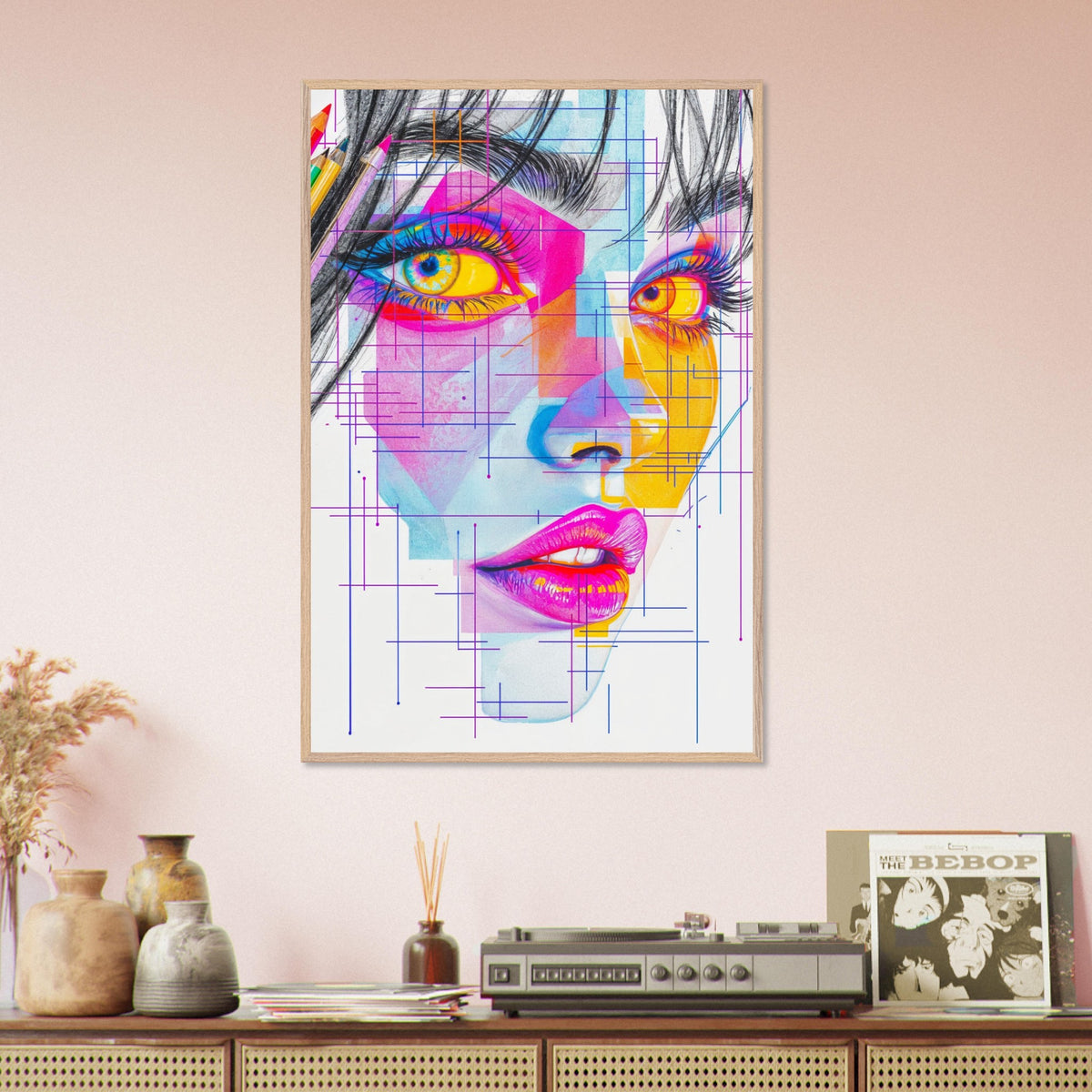 Color Meets Lines - Futuristic Portrait in Premium Frame - Wood frame - Framed Posters