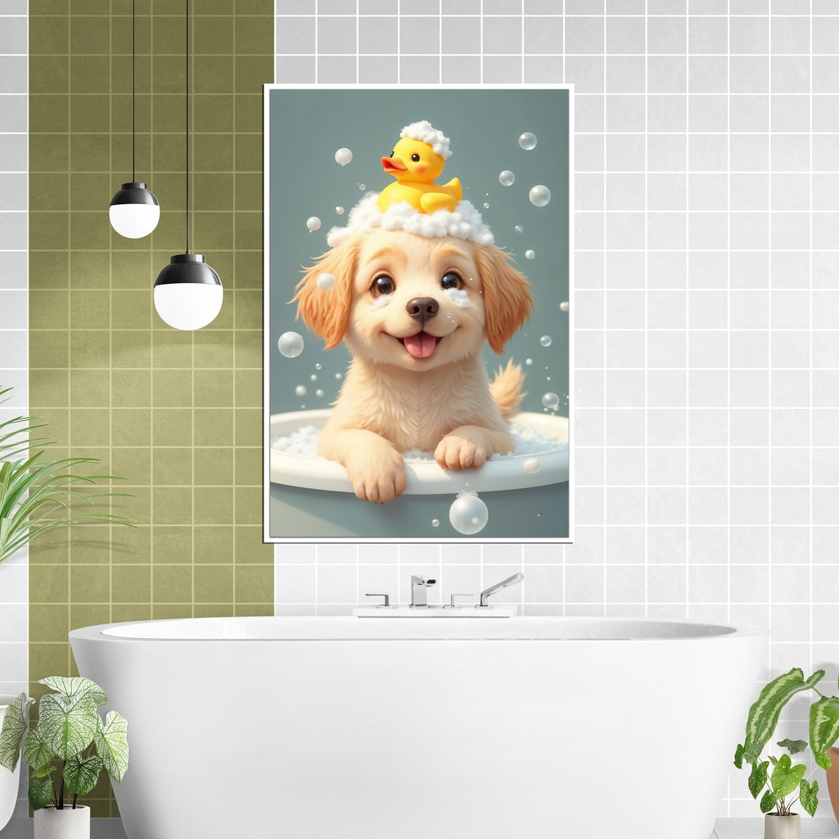 Bathtime Joy with Puppy - 24x36 - Framed Posters