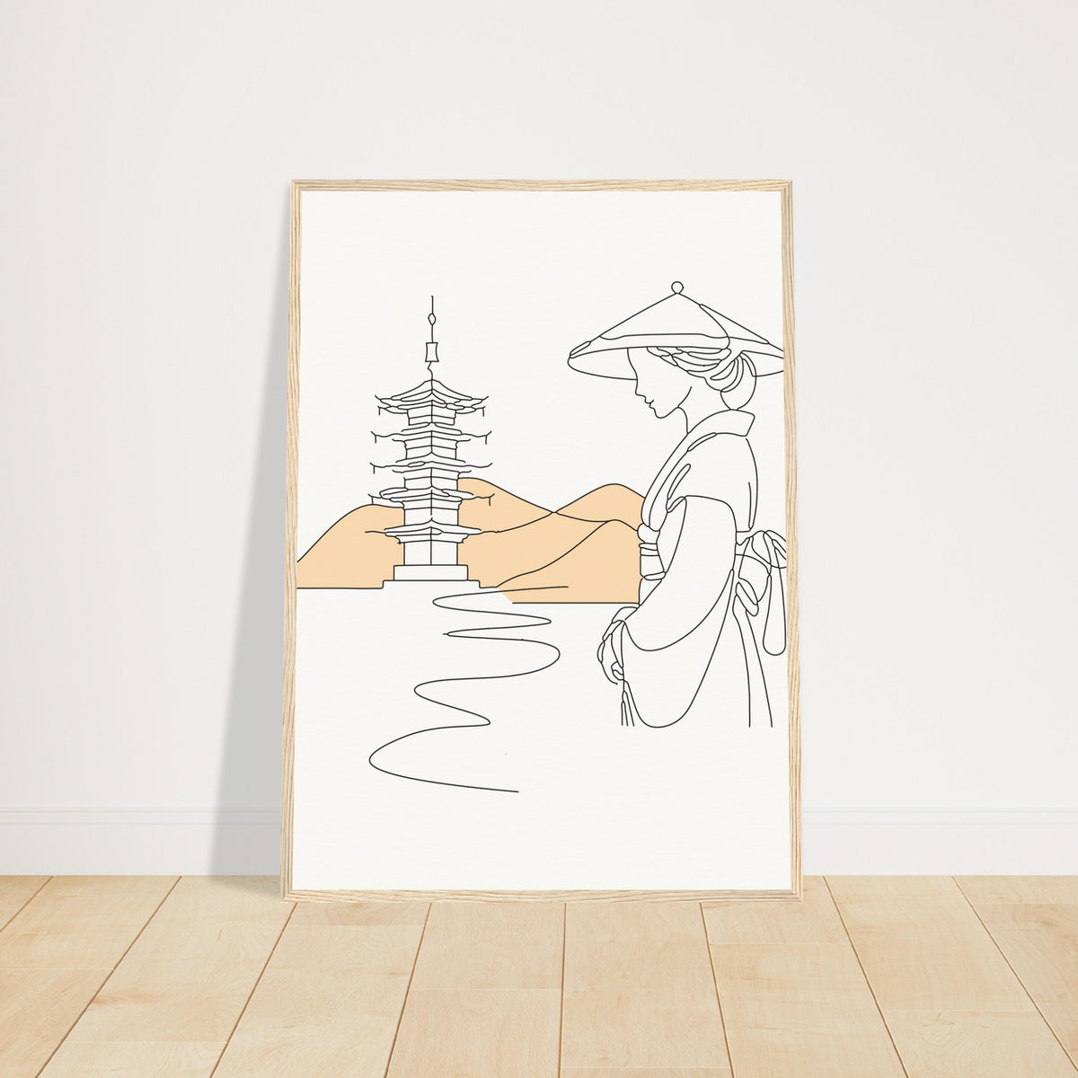 Serene Japanese Elegance - Framed Line Art - 50x70 cm 20x28″ Wood frame - Wooden Framed Posters