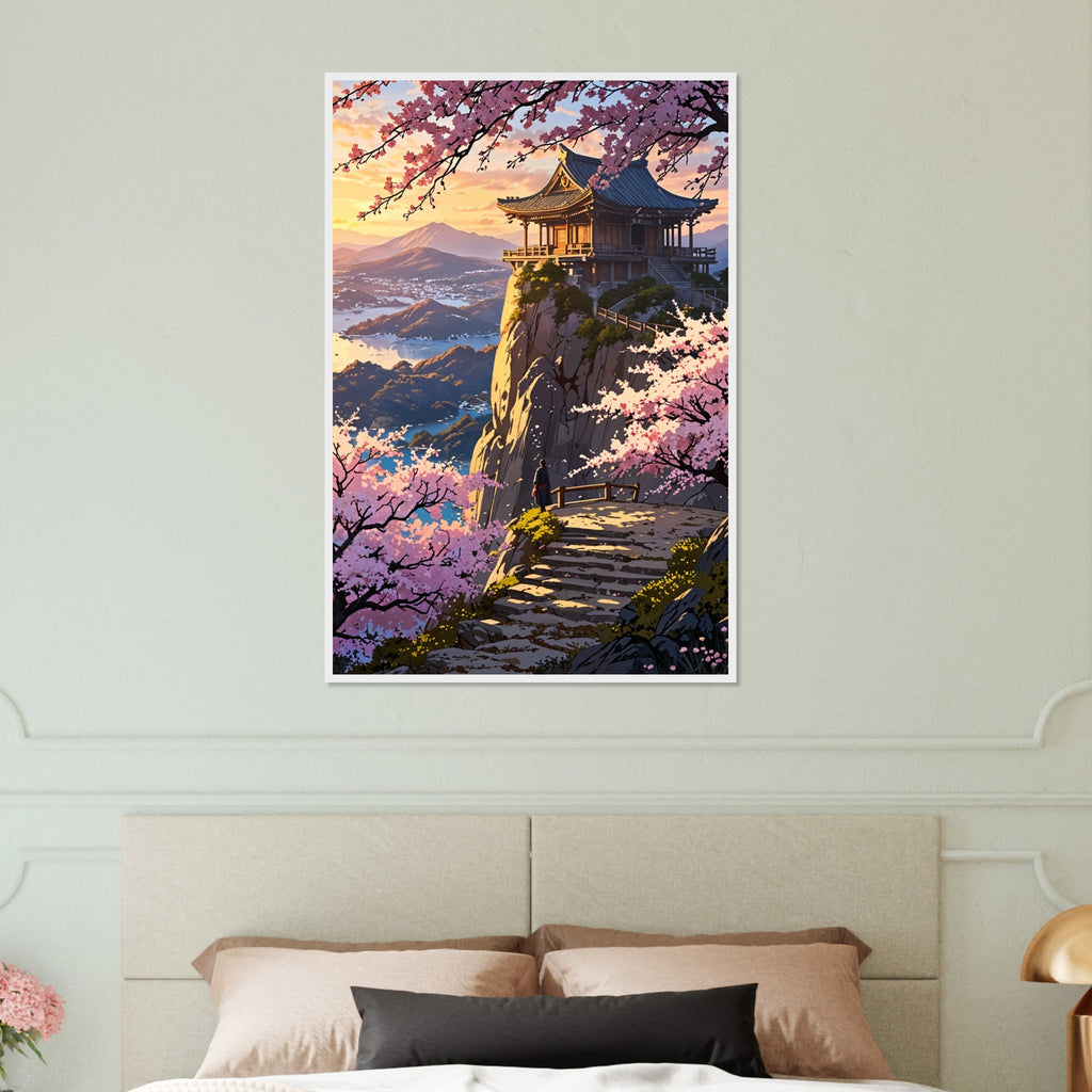 Spring Vista - Temple & Blossoms Wall Art - White frame 60x90 cm 24x36″ - Wooden Framed Posters