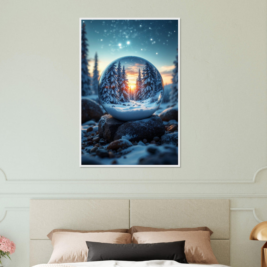 Crystal Wonderland - Snow Globe Wall Art - White frame 60x90 cm 24x36″ - Wooden Framed Posters