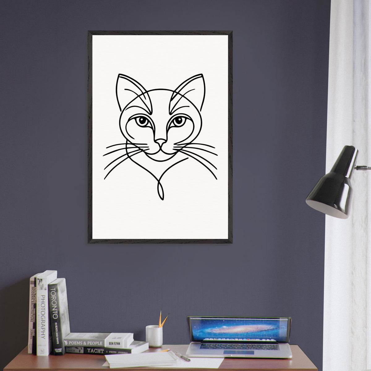 Timeless Cat Line Art - Natural Wood Framed Elegance - - Wooden Framed Posters