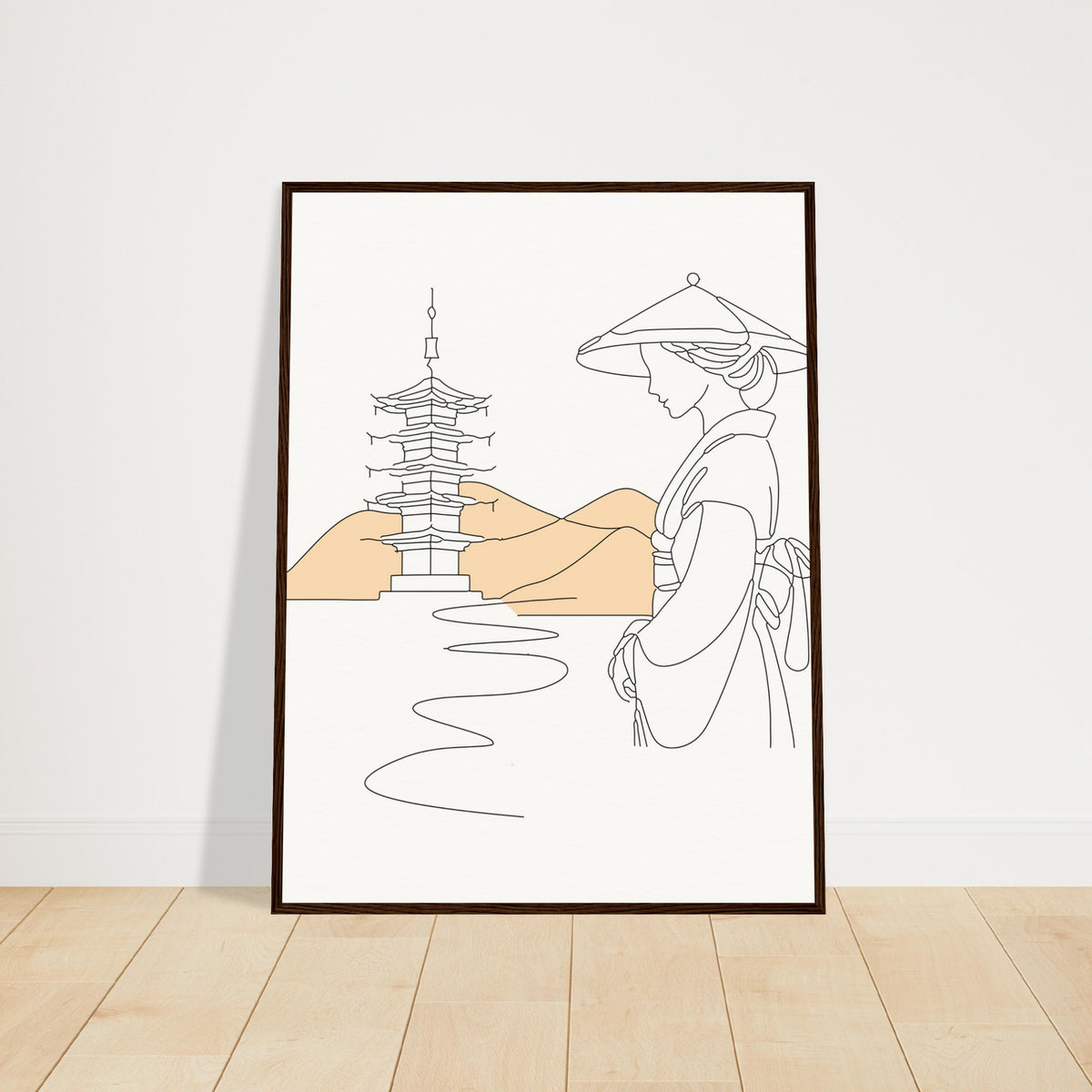 Serene Japanese Elegance - Framed Line Art - 60x80 cm 24x32″ Dark wood frame - Wooden Framed Posters