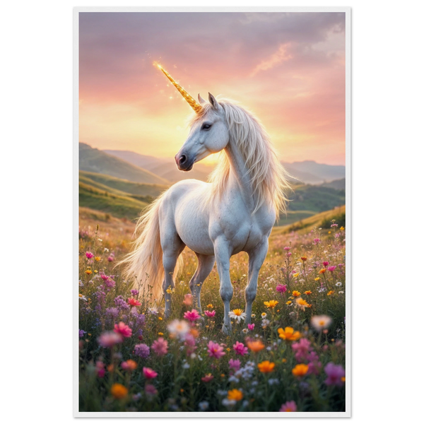 Golden Horn - Unicorn in Wildflowers Framed Poster - - Wooden Framed Posters