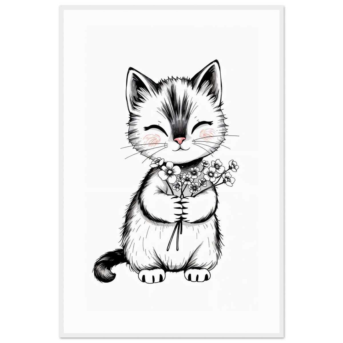 Purrfect Gift - Kitten with Flowers Framed Print - - Wooden Framed Posters