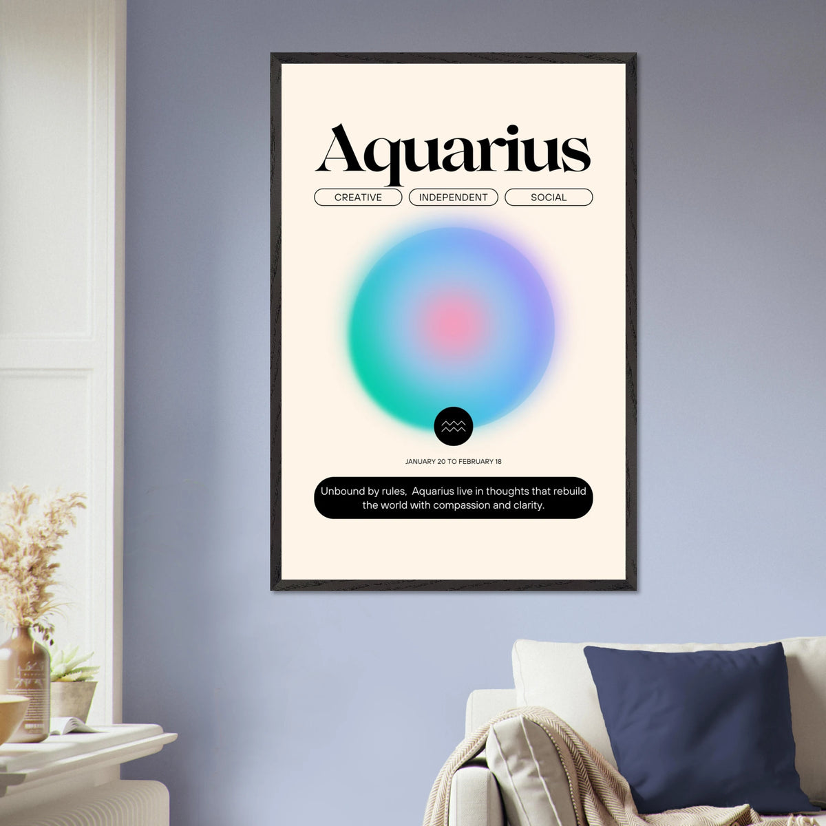 Zodiac Wall Art Framed Poster for Astrology Lovers - Black frame Aquarius - Wooden Framed Posters